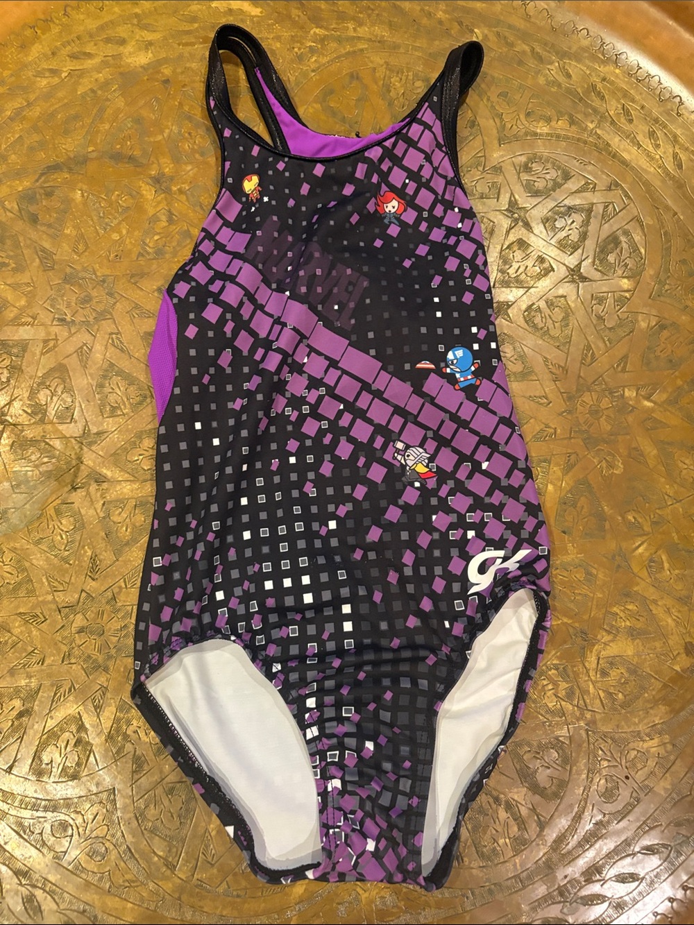 Marvel Girls' Purple and Black Pixel-Print One-Piece Swimwear
